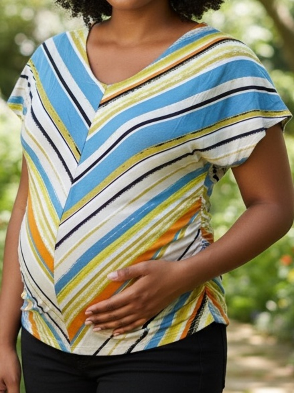 Liz Lange Striped V-Neck Midi Dress in Blue, Yellow, White & Orange